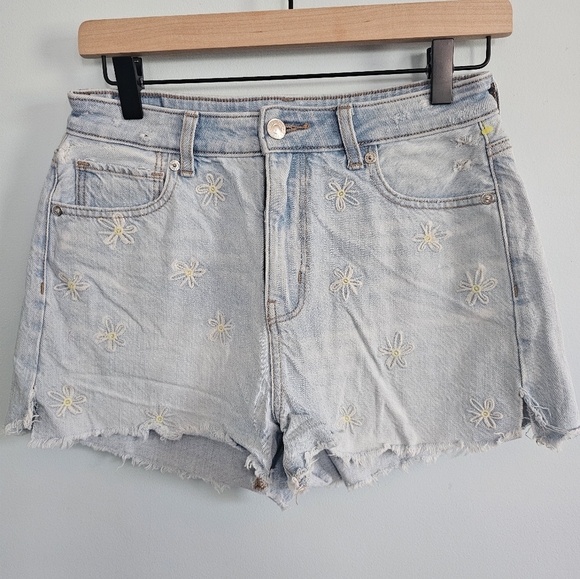 American Eagle Outfitters Blue Jean Shorts With Embroidery & Distressed Cut-Off - Picture 1 of 6